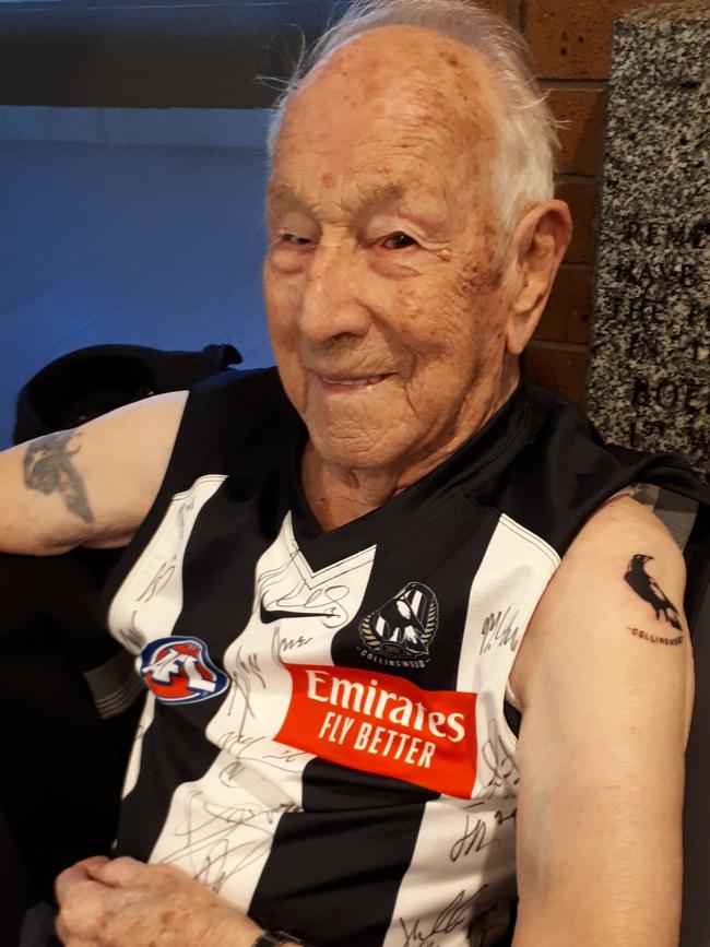 Jack Darling, 96, was quick to get a Magpie tattooed to his arm after Collingwood's grand final win. Picture: Supplied