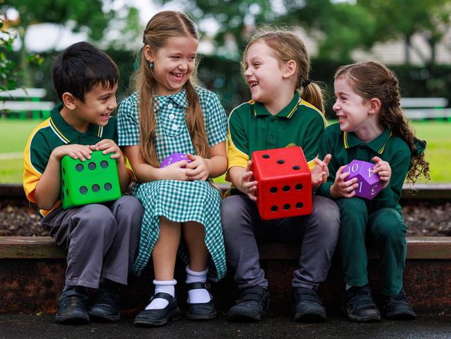 Riley Holden, 5, Mila Scerri, 6, Isaac Hall, 6, and Audrey Hurdis, 6, at Windsor Public School. Picture: Justin Lloyd