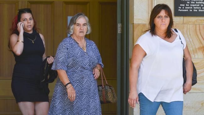 Krystina Athanasopoulos leaves court with Christina Pataras and Vicki Athanasopoulos. Picture: AAP Image/Brenton Edwards