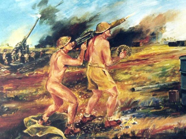 FEBRUARY 19, 1942 : Painting depicting the Japanese bombing of Darwin 19/02/42. Naked anti-aircraft gunner Wilbert Hudson can be seen blazing away at the enemy with his gun resting on the shoulder of his ammunition man Tex Campbell. The artist and date of the painting were not supplied. Art Australian Armed Forces / Army / Japan / Air Force Northern Territory Historical