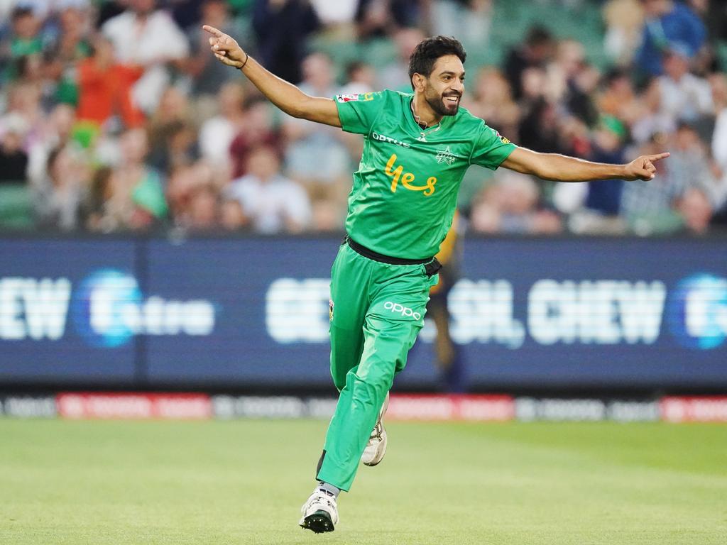 Haris Rauf of the Stars celebrates his hat trick, the second of two on the same day