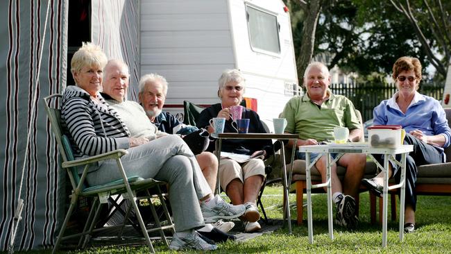 Grey Nomads Chris and Arthur James and Keith and Jill Pankhurst from Adelaide, with George and Beryl Duckworth from Victoria at Coolum Beach Caravan Park.