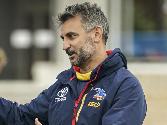 CROWS TRAINING at West Lakes oval, Friday July 26, 2019, David MacKay talks with Scott Camporeale  - pic AAP/MIKE BURTON