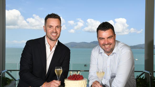 CEO Tim Richardson and GM of Hotel Brent Clark celebrating Ardo's 1st Birthday. Picture: Shae Beplate.