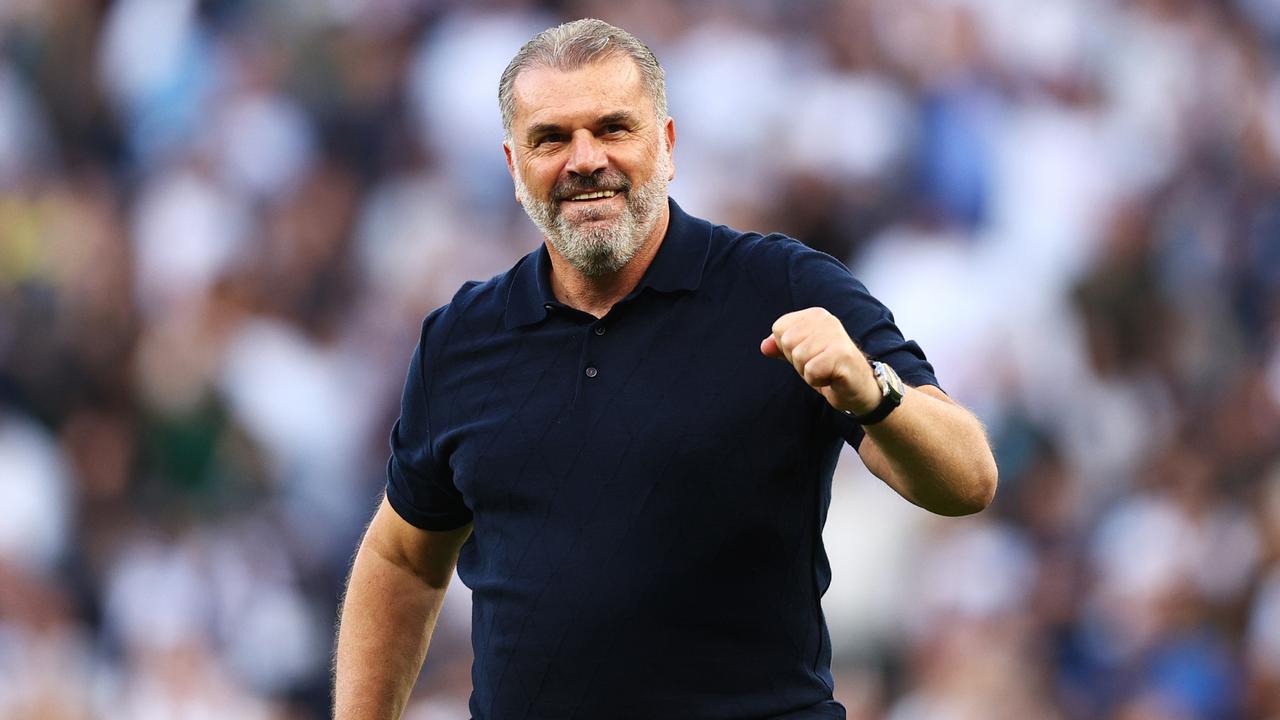 LONDON, ENGLAND - AUGUST 19: Ange Postecoglou, Manager of Tottenham Hotspur, celebrates following the team's victory during the Premier League match between Tottenham Hotspur and Manchester United at Tottenham Hotspur Stadium on August 19, 2023 in London, England. (Photo by Clive Rose/Getty Images)