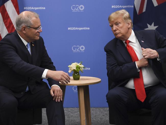 Australian Prime Minister Scott Morrison (left) speak during a meeting with US President Donald Trump during the G20 summit in Buenos Aires, Argentina, Friday, November 30, 2018. The leaders of the world's largest economies arrived in Buenos Aires on Thursday for the first G20 summit to be held in South America. (AAP Image/Lukas Coch) NO ARCHIVING