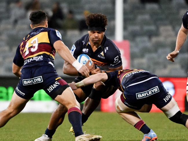 Valetini tackled during the Super Rugby Pacific quarter final against The Highlanders. Picture: Tracey Nearmy / AFP