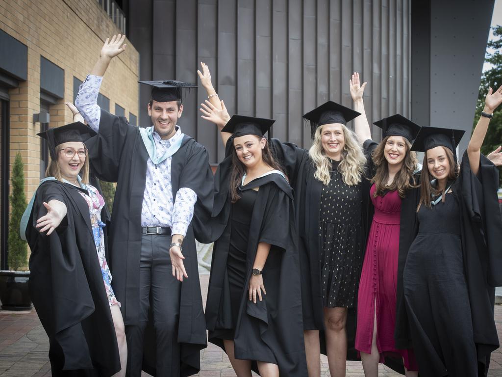 UTAS Graduations, Paige Dodd, Sean Gressie, Brontie Froud, Jess Dwyer, Maddie Botte and Jess Graham at Hobart. Picture Chris Kidd