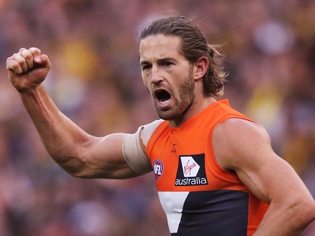 Giants Callan Ward celebrates kicking a goal during the AFL Preliminary Final match between the Richmond Tigers and the GWS Giants at the MCG. Picture. Phil Hillyard