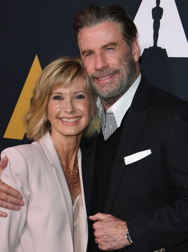 Olivia Newton-John and John Travolta on the red carpet for Grease’s 40th anniversary. Picture: Mark Ralston/AFP