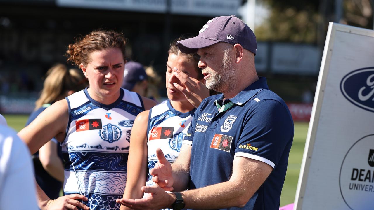 Geelong coach Dan Lowther says the growing injury list hasn’t yet affected on-field performance. Picture: Will Russell/AFL Photos via Getty Images