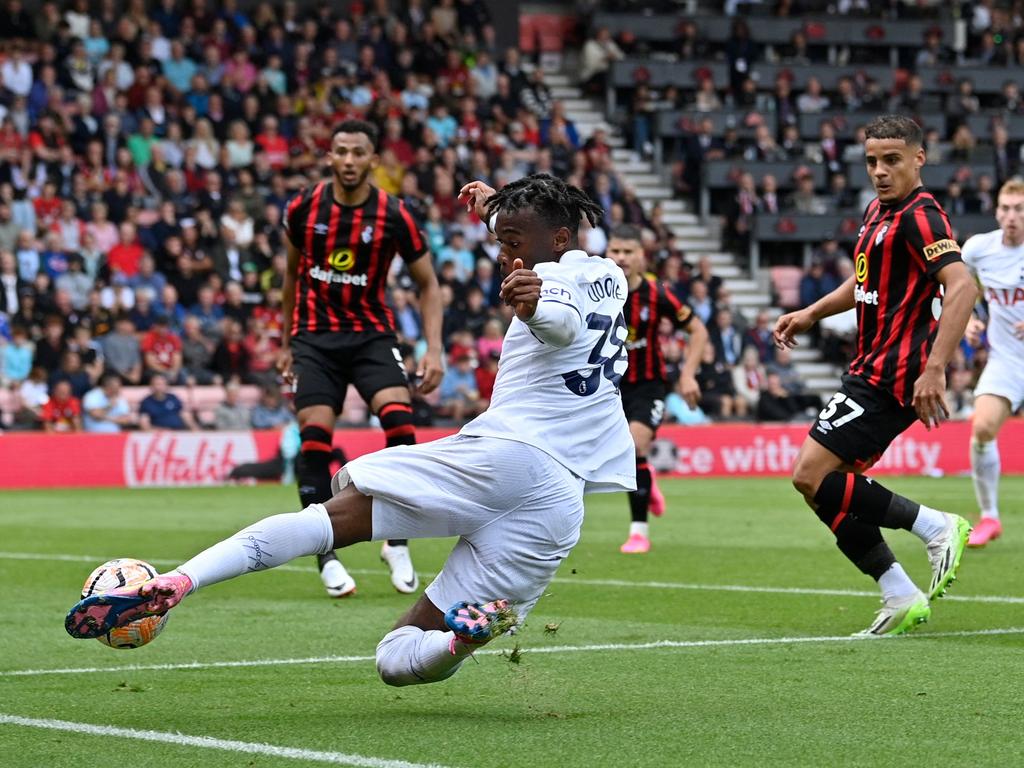 Tottenham Hotspur's Italian defender #Destiny Udogie passes the ball before his team's second goal. (Photo by JUSTIN TALLIS / AFP)