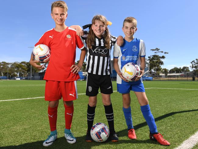 Juniors Jayden Kabos (FFSA Skillaroos), Remi Maunder (Fulham United) and Jordan Zielinski (Adelaide Olympic) are excited about the new hub. Picture: Naomi Jellicoe