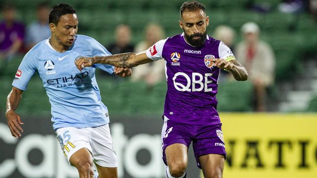 Diego Castro, right, of the Perth Glory has been nursing a hamstring injury. Picture: AAP