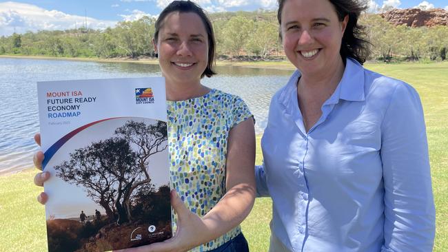 The Next Economy COO and project lead Liz Webb holds the Mount Isa Future Ready Road map with CEO Amanda Cahill.