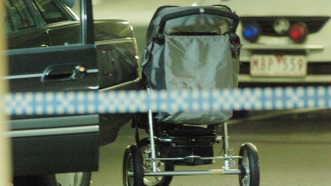 Baby Montana’s empty pram at the scene at Brimbank Central Shopping Centre where Anita Cianco was bashed and the three-week-old baby abducted.