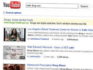 Screenshot of YouTube search results for "safe drug use" / news.com.au