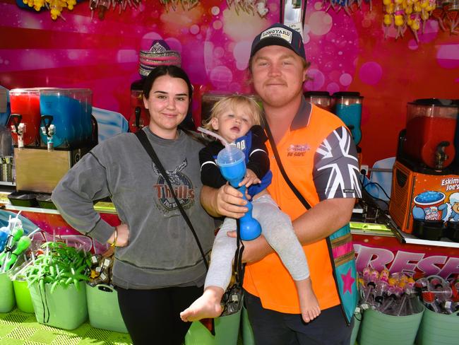 Attendees enjoying the 159th Sale Agricultural Show at the Sale Showgrounds on Friday, November 01, 2024: Shania Watkins, Baby Luka Davis and Dean Davis. Picture: Jack Colantuono