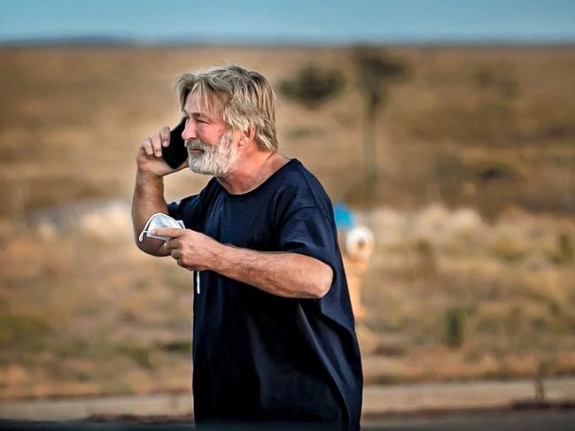 A distraught Alec Baldwin lingers in the parking lot outside the Santa Fe County Sheriff's offices after being questioned in 2021. Picture: Jim Weber/Santa Fe New Mexican