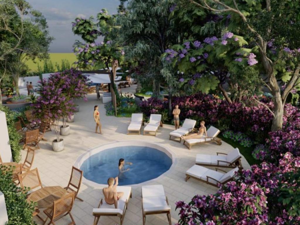 A concept image showing the spa area with the resort-style pool in the background.