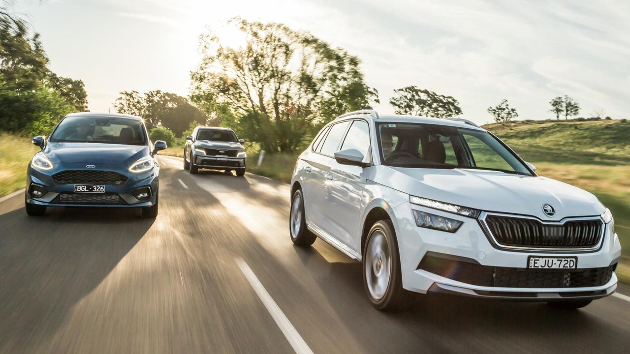 The final three: Skoda’s Kamiq (front right), Ford’s Fiesta (left) and the Kia Sorento. Picture: Thomas Wielecki.