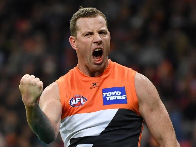 Steve Johnson of the Giants celebrates after scoring a goal during the Round 15 AFL match between GWS Giants and Geelong Cats at Spotless Stadium in Sydney, Saturday, July 1, 2017. (AAP Image/David Moir) NO ARCHIVING, EDITORIAL USE ONLY