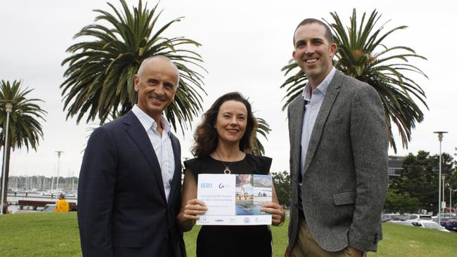 Geelong Mayor Stretch Kontelj, G21 chief executive Giulia Baggio and Committee for Geelong boss Michael Johnston are big supporters Barwon Water’s alternative water grid.