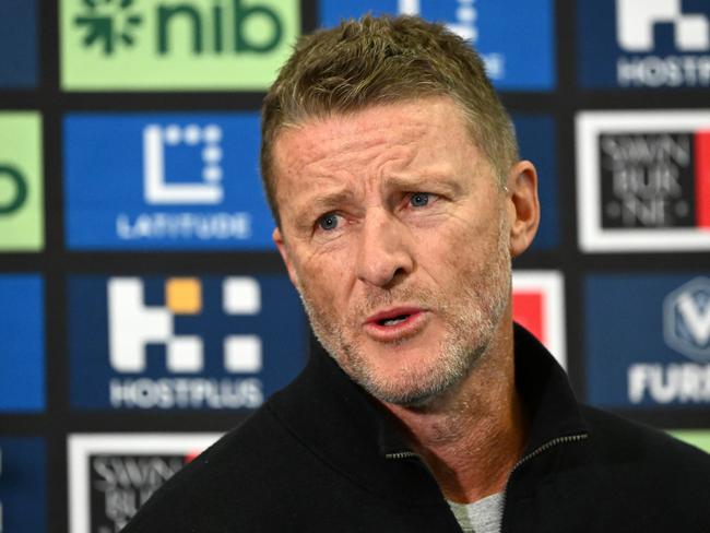 MELBOURNE, AUSTRALIA - MAY 23: Damien Hardwick the coach of the Tigers speaks to the media where he announced his retirement during a Richmond Tigers AFL press conference at Punt Road Oval on May 23, 2023 in Melbourne, Australia. (Photo by Quinn Rooney/Getty Images)