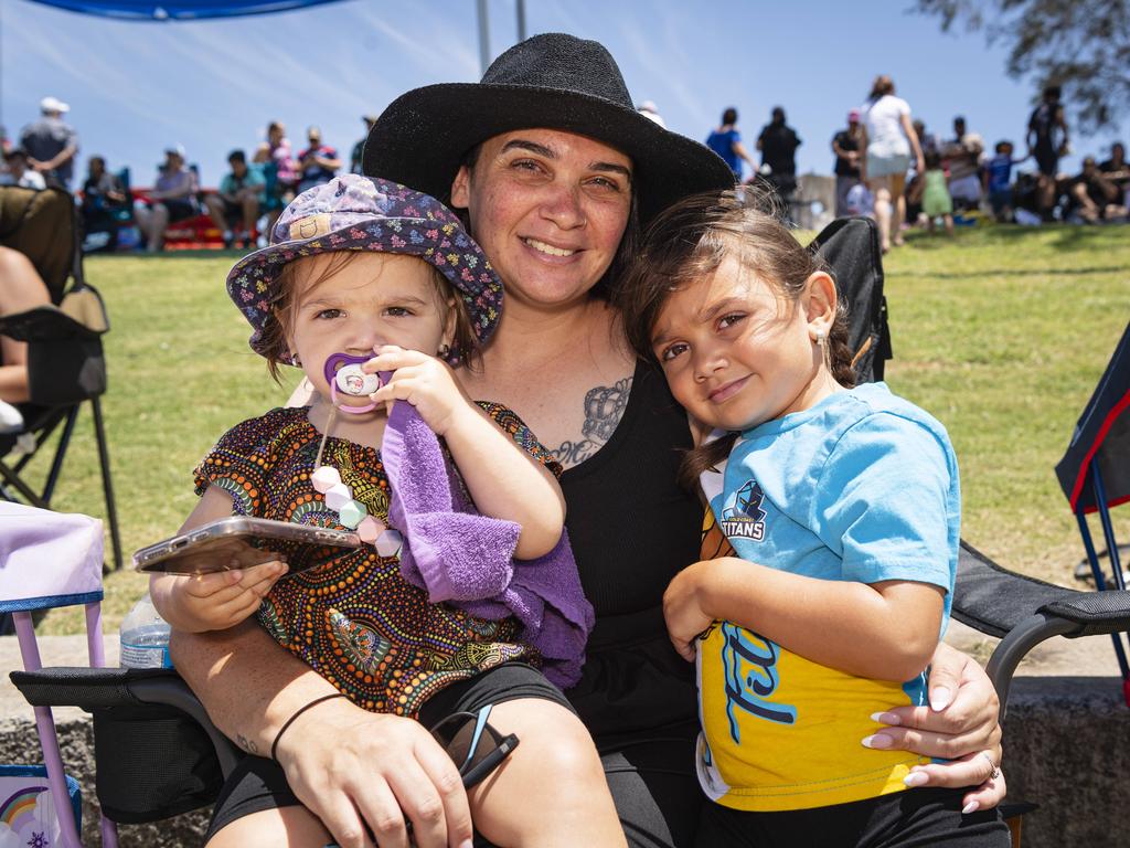 Caitlyn McCarthy with daughters Navy-Reign (left) and Ayla McCarthy supporting the SWQ Mandana at the Warriors Reconciliation Carnival at Jack Martin Centre, Saturday, January 25, 2025. Picture: Kevin Farmer