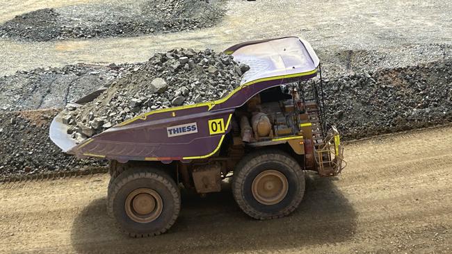 A mining truck at the Covalent lithium mine in Western Australia, owned by Wesfarmers. Picture: Cameron England