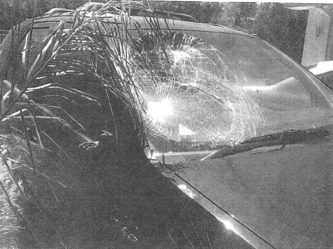 The damage to the front of the Andrews’ car and its windscreen.