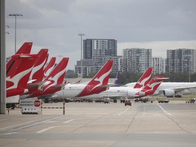 Pictured are grounded Qantas planes at the Sydney International airport.Picture: Christian Gilles