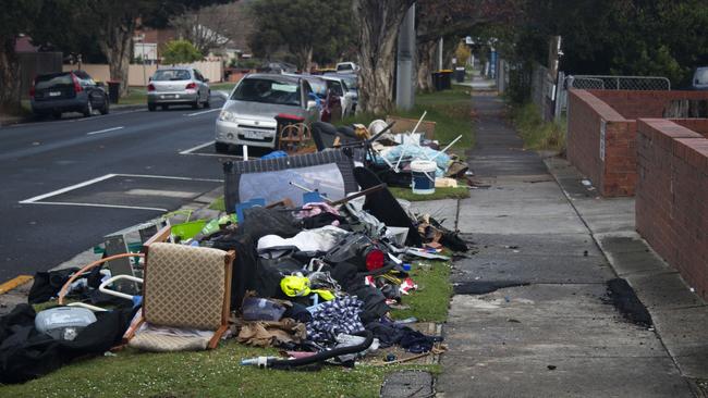 Rubbish dumped outside an apartment block in Hemmings St, Dandenong this week. Picture: Jack Paynter