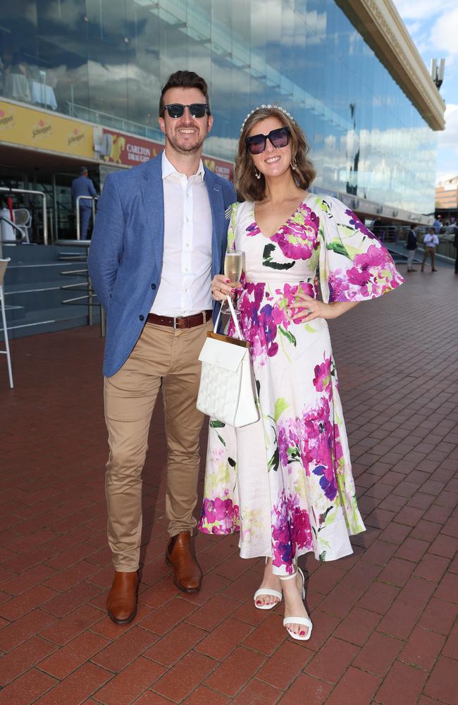 MELBOURNE, AUSTRALIA – OCTOBER 16 2024 Kat and Phil at the Caulfield Social race day at Caulfield racecourse on Wednesday 16th October, 2024 Picture: Brendan Beckett