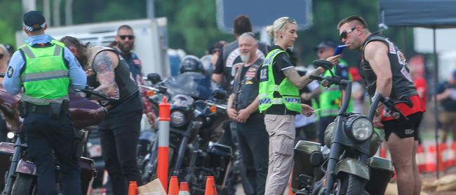 A combined law enforcement operation targeting members of the Hells Angels MC on the Stuart Highway south of Darwin. Picture: Glenn Campbell