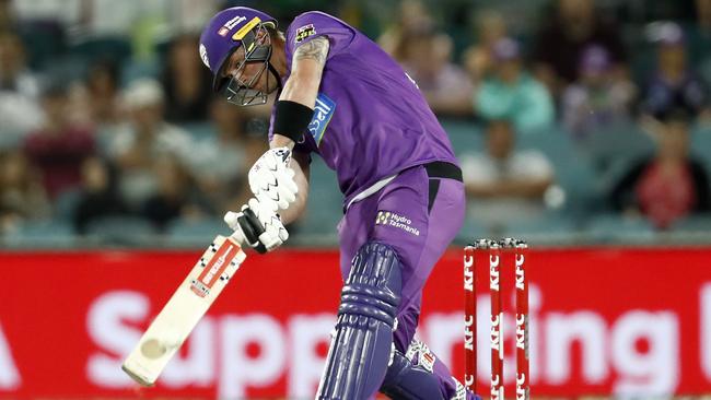 McDermott in full flight during the Big Bash League match between the Sydney Thunder and the Hobart Hurricanes at Manuka Oval, on January 18, 2021, in Canberra, Australia. (Photo by Darrian Traynor/Getty Images)