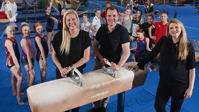 The Coalition has promised to spend $10m to help establish a new Gymnastics SA centre at Morphettville. Boothby candidate Rachel Swift and Sturt MP James Stevens with gymnast kids and Gymnastics SA CEO Nastashia Buck (right). Picture: Keryn Stevens