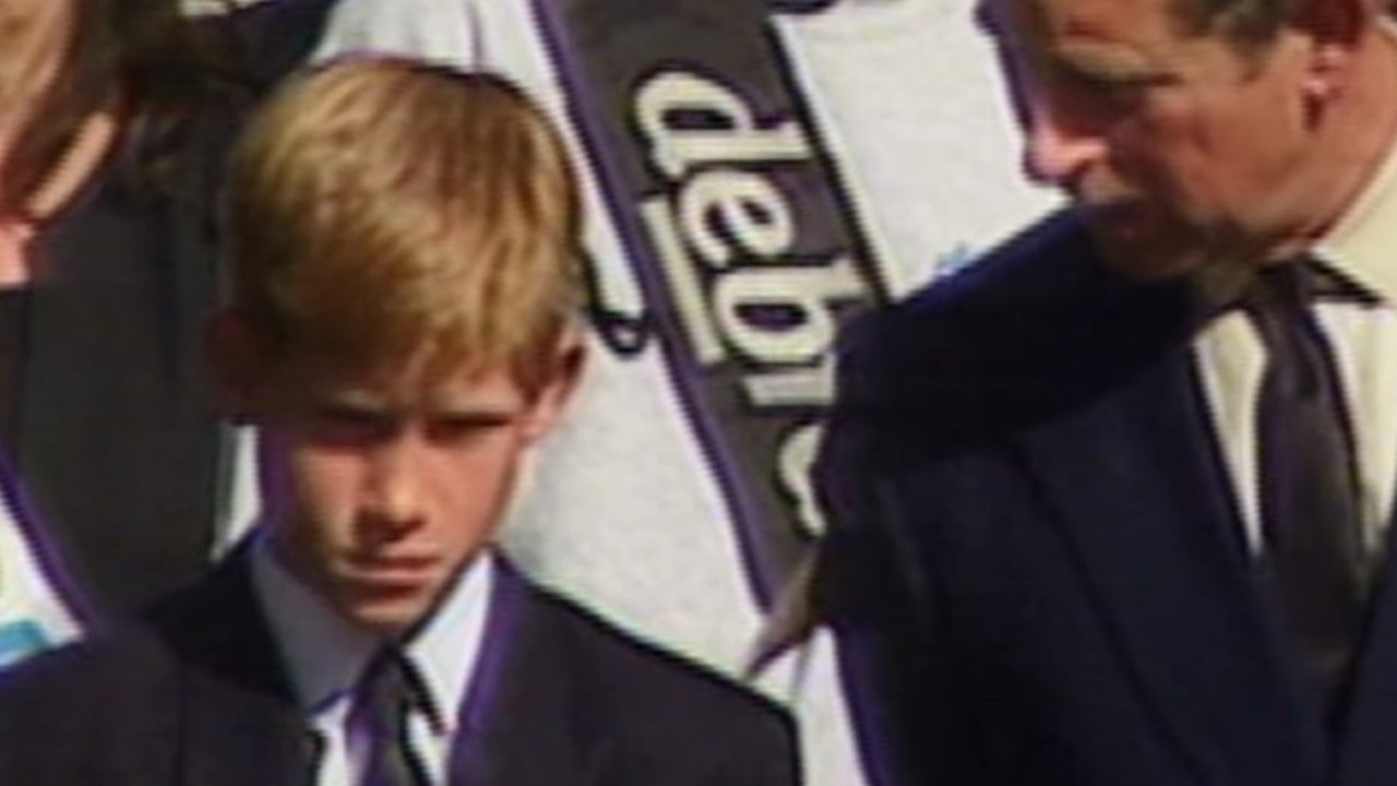 Footage plays in the trailer of a young Prince Harry at his mother Diana’s funeral.