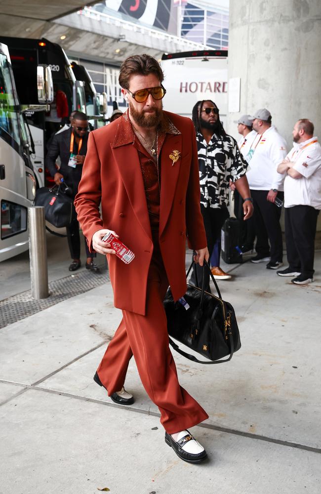 Travis Kelce makes a grand entrance at the Caesars Superdome. Picture: Getty Images