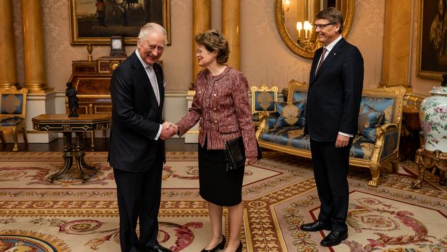 King Charles III holds an audience with the Governor of South Australia, Frances Adamson and her husband Rod Bunten at Buckingham Palace on November 24, 2022 in London, England. The Queen’s statue is seen on the table behind the King’s shoulder. Picture: Aaron Chown; WPA Pool/Getty Images