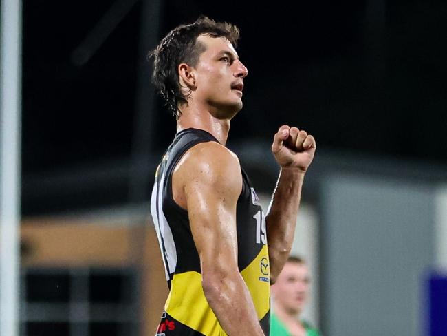 Zackary Derksen playing for the Nightcliff Tigers in the 2024-25 NTFL season. Picture: Celina Whan / AFLNT Media