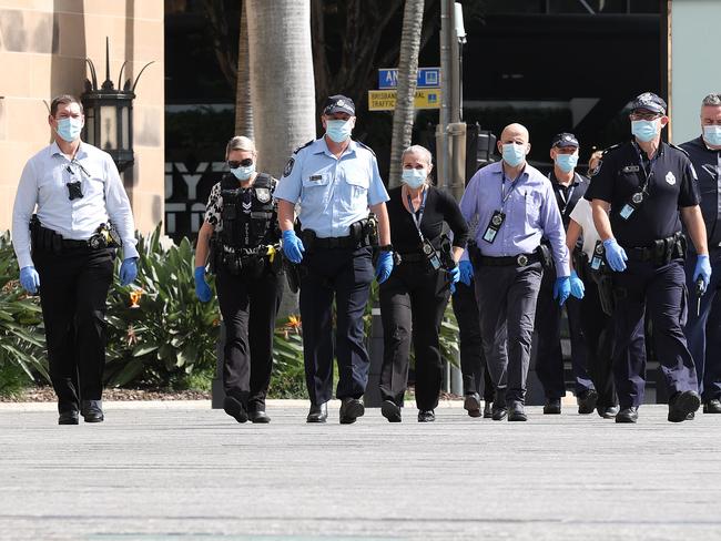 Police are out in numbers to enforce the lockdown. Picture: Liam Kidston.