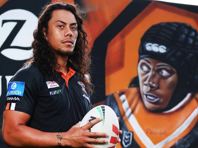 ON HOLD: EMBARGOED UNTIL TUESDAY 6PM: For the The Daily Telegraph 14.12.2024 Jarome Luai pictured in front of the new sponsors mural. Zurich. Wests Tigers members only training session at Zurich Centre, Concord.   Picture: Rohan Kelly