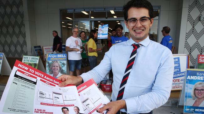 Labor’s Aaron Santelises was out greeting voters. Picture: Glenn Hampson