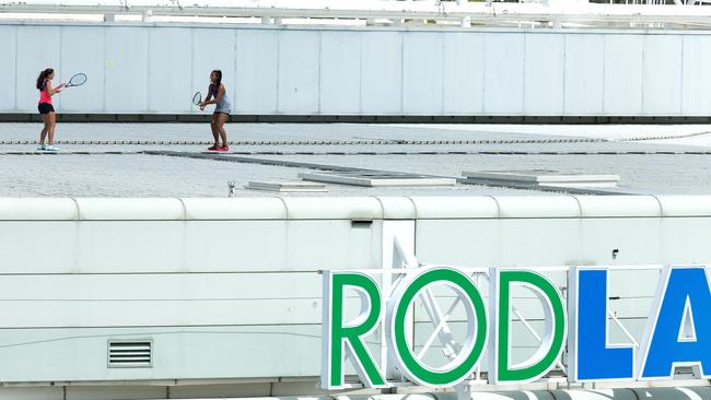 Jaimee Fourlis and Destanee Aiava on the roof of Rod Laver Arena.