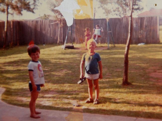 Mick Fanning, blonde hair centre at his pre-school at Penrith, with unidentified mate.