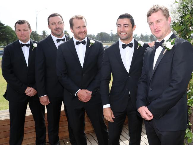 Brett Finch with his groomsmen, which included his best man Anthony Minichiello (next to Finch). Picture: Alex Coppel