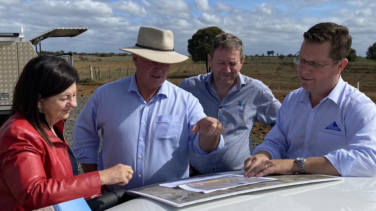 Isaac Mayor Anne Baker, Resources Minister Scott Stewart, Isaac Council CEO Jeff Stewart-Harris and Whitehaven Coal project director Todd Harrington on a visit of the site earlier this year. Picture: Contributed