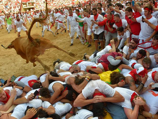 TOPSHOT - A heifer bull jumps over revellers in the bullring after the second bullrun the San Fermin festival in Pamplona, northern Spain on July 8, 2019. - On each day of the festival six bulls are released at 8:00 a.m. (0600 GMT) to run from their corral through the narrow, cobbled streets of the old town over an 850-meter (yard) course. Ahead of them are the runners, who try to stay close to the bulls without falling over or being gored. (Photo by ANDER GILLENEA / AFP)