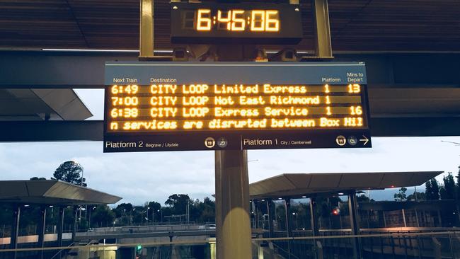 Passengers at Mitcham were warned of the disruptions between Box Hill and Burnley, and told to find alternative transport. Picture: Nathaniel Bane.
